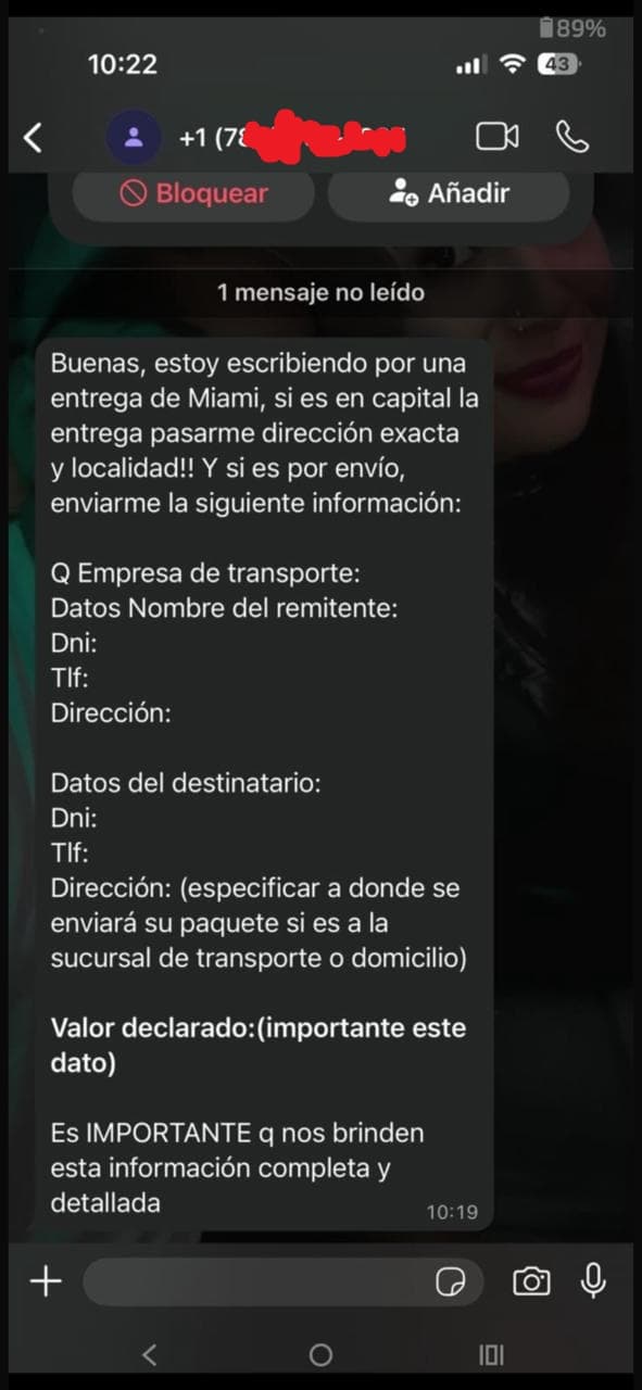 Conversación de WhatsApp coordinando el envío desde Miami