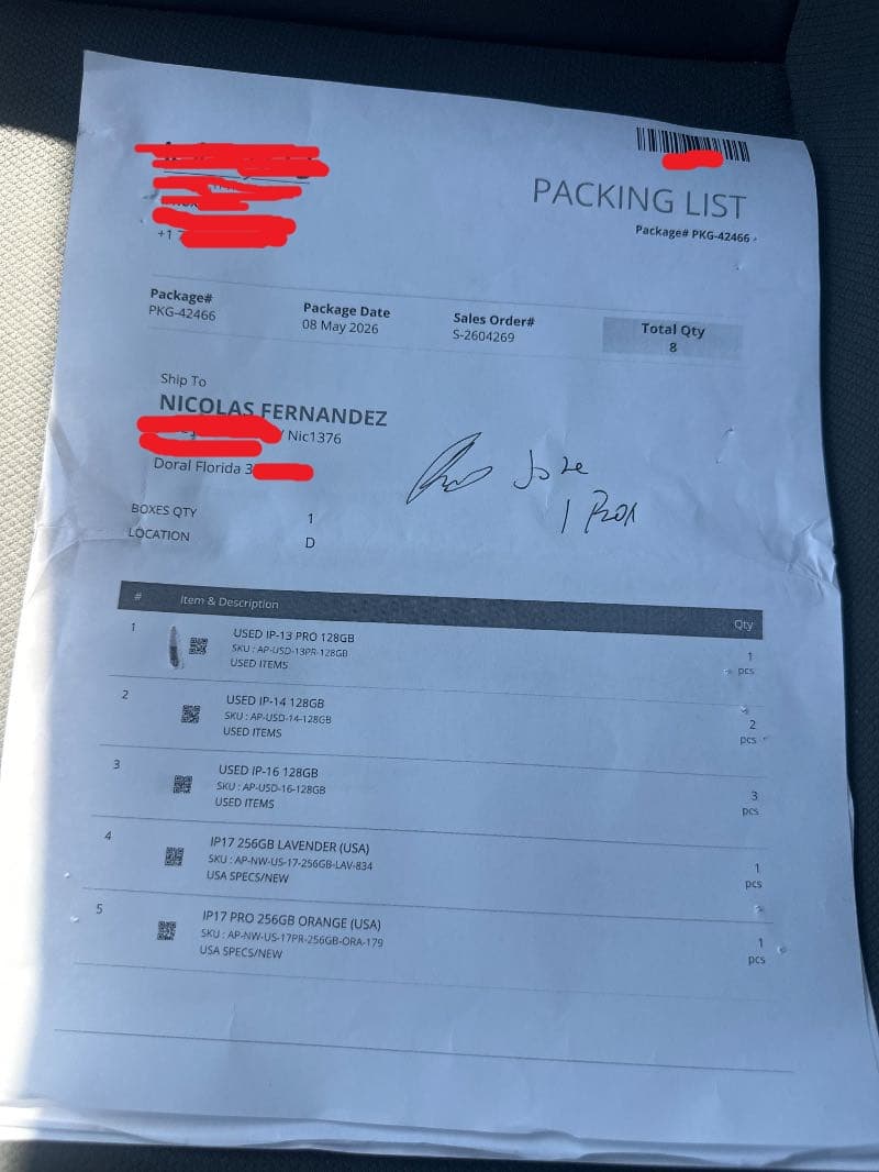 Packing list del proveedor con el detalle de los modelos enviados